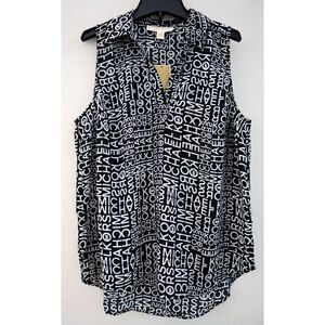 Michael Kors Women Sz M Black/White Logo Print Sleeveless High-Low Hem Shirt